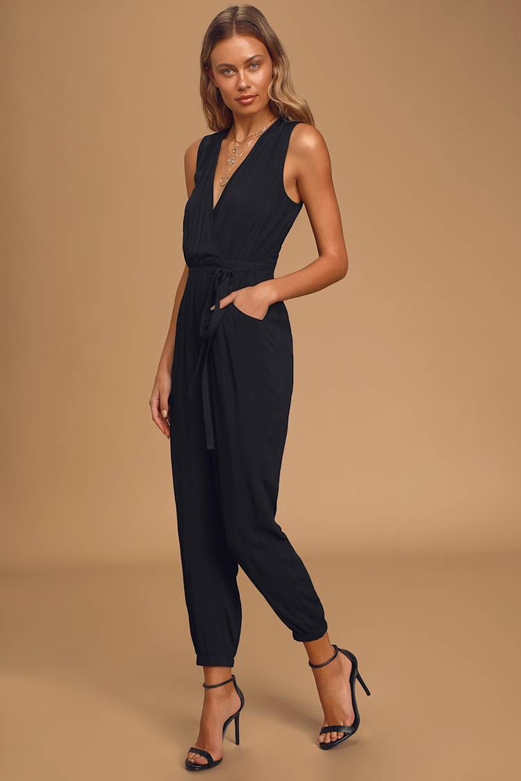 Black Jumpsuit - Sleeveless Jumpsuit - Surplice Jumpsuit - Lulus