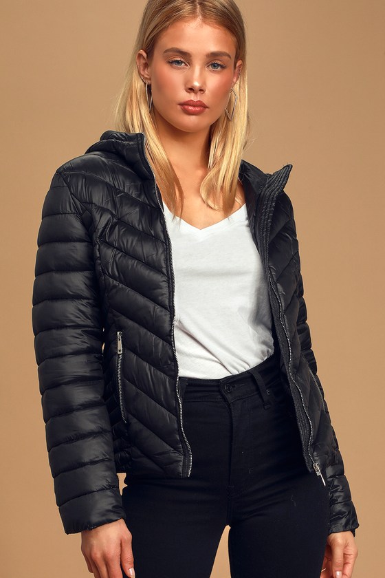 Cute Black Hooded Jacket - Puffer Jacket - Faux Fur Lined Puffer - Lulus