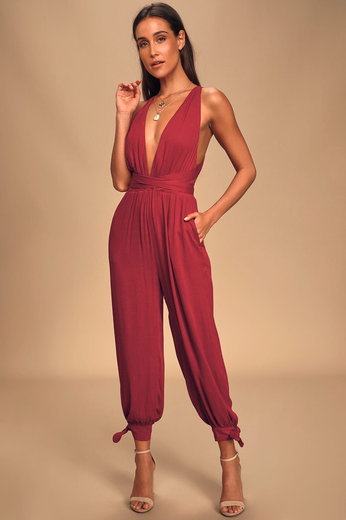 Lolinda Berry Red Convertible Halter Jumpsuit