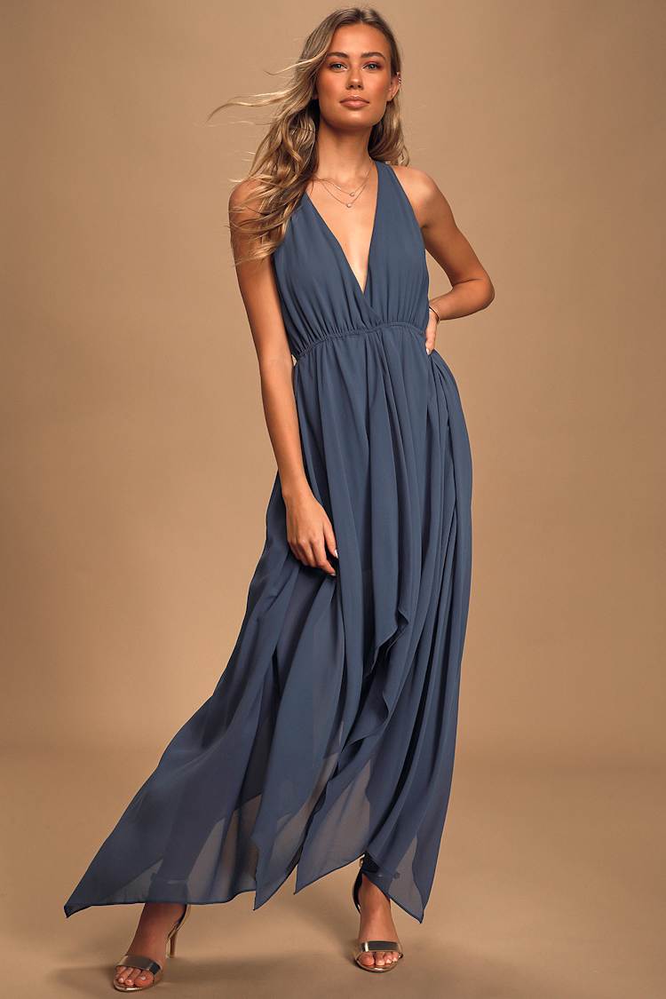 denim blue bridesmaid dresses Caroline Denim Halter Midi Dress / Indigo Blue | MESHKI