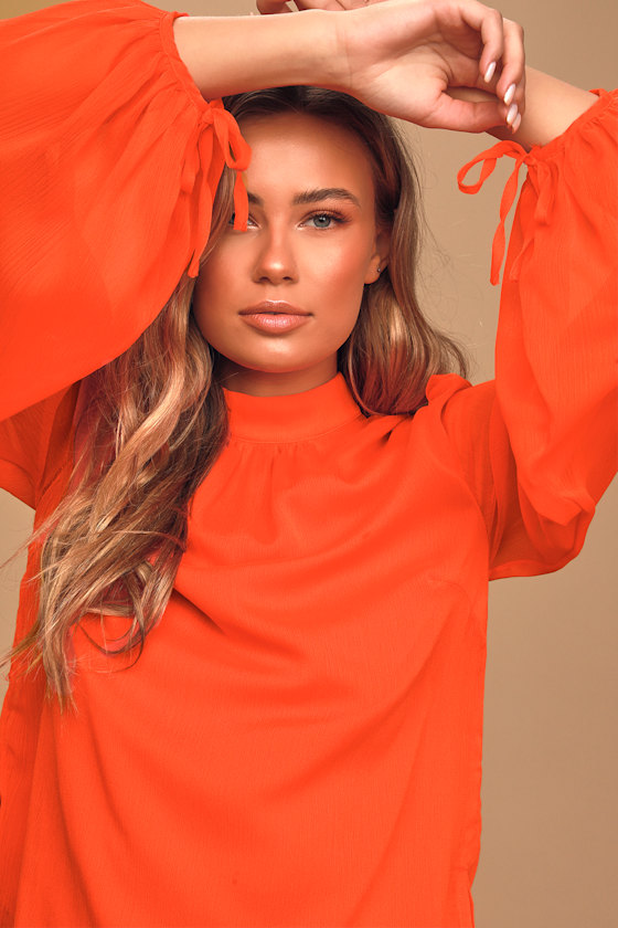 Future is Bright Red Orange Balloon Sleeve Mock Neck Top 3