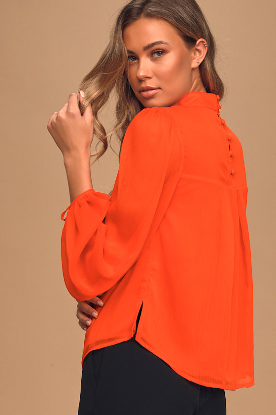 Future is Bright Red Orange Balloon Sleeve Mock Neck Top 4