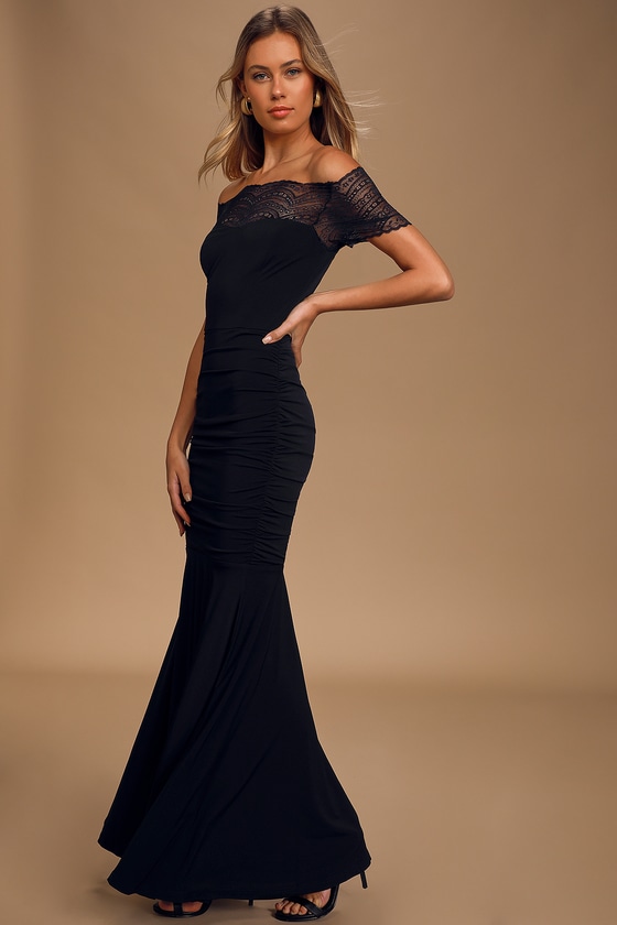 Any Given Moment Black Lace Ruched Off-the-Shoulder Maxi Dress