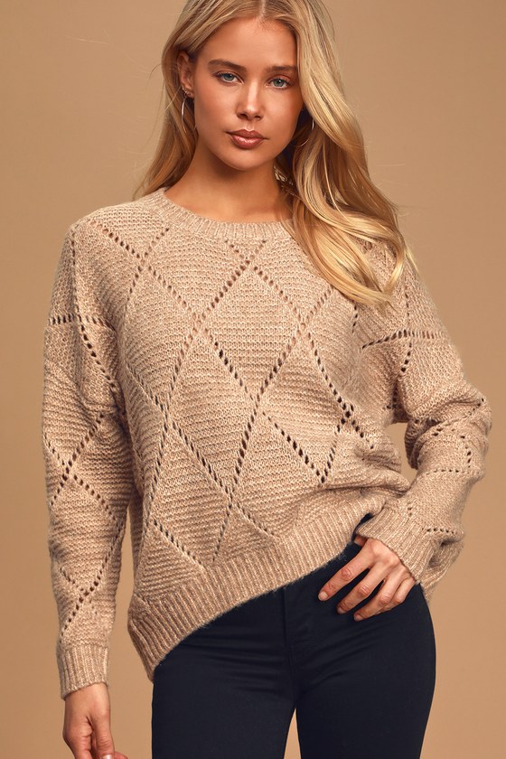 Cozy Heather Beige Sweater - Pierced Knit Sweater - Drop Shoulder - Lulus