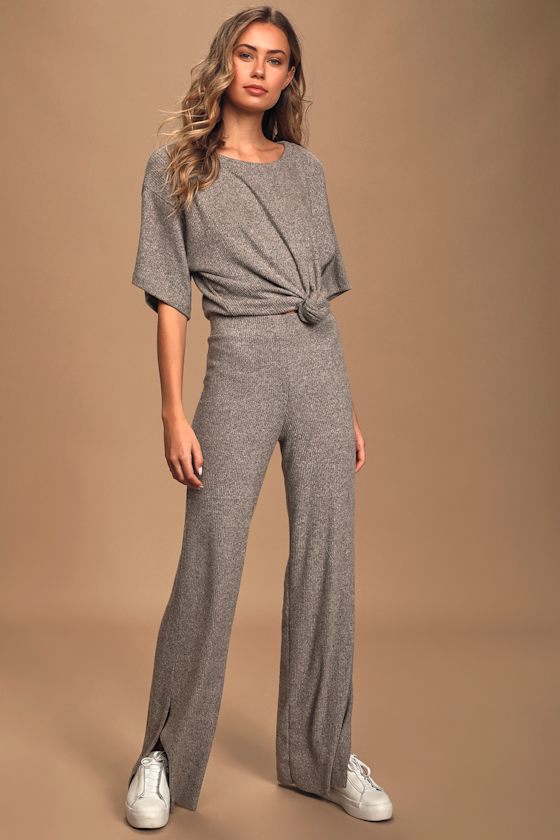 Laze For Days Heather Grey Ribbed Wide-Leg Pants 2
