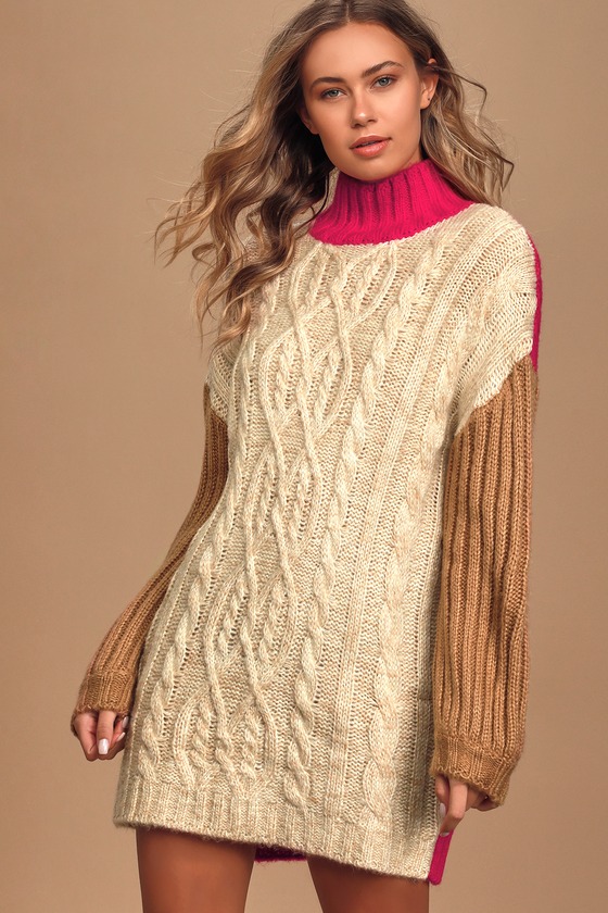 Block it Out Pink Multi Color Block Cable Knit Sweater Dress