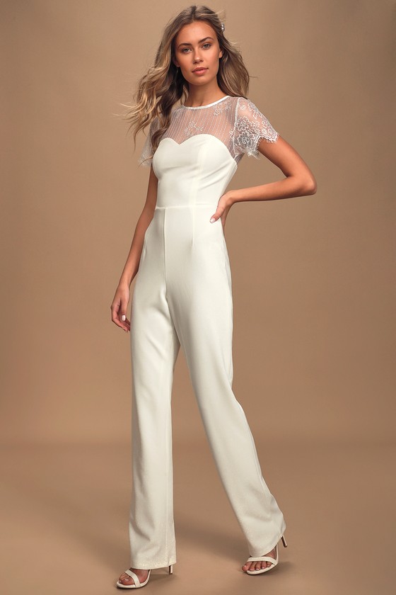 Pretty White Jumpsuit - Short Sleeve Jumpsuit - Lace Jumpsuit - Lulus