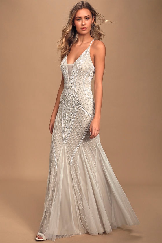 White and Nude Sequin Maxi - Embellished Gown - Beaded Dress - Lulus
