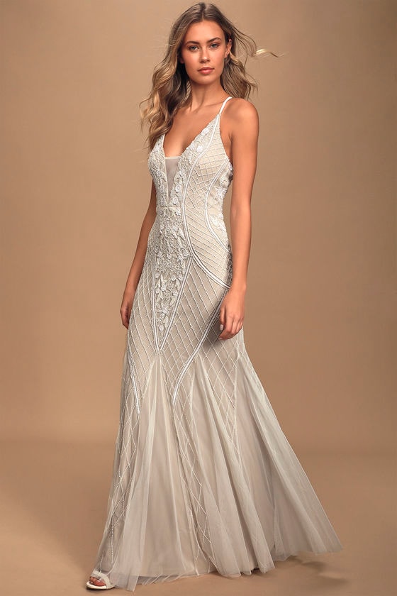 White Beaded Rhinestone Maxi Dress | Womens | XX-Small (Available in M) | 100% Polyester | Lulus