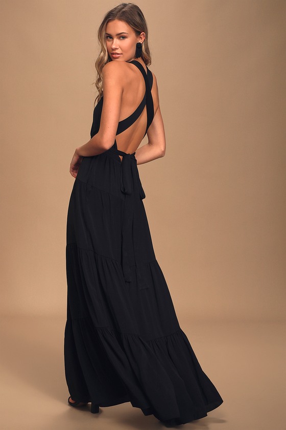 Cute Black Dress - Satin Maxi Dress - Convertible Halter Dress - Lulus