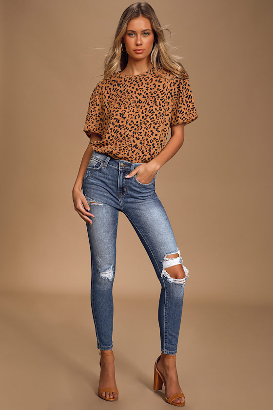 Clara Medium Wash Distressed High Rise Skinny Cropped Jeans 2