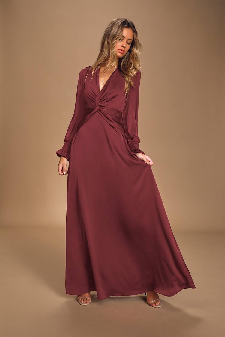 Twist Your Words Burgundy Long Sleeve Twist-Front Maxi Dress