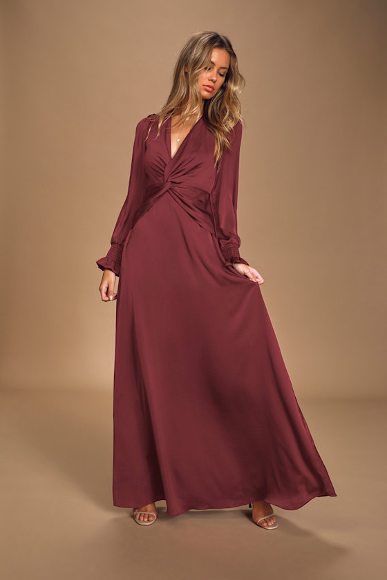 Twist Your Words Burgundy Long Sleeve Twist-Front Maxi Dress 1