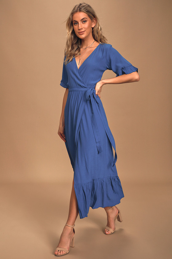 Lucy Love Enchanted Dress - Cobalt Blue Midi Dress - Wrap Dress - Lulus