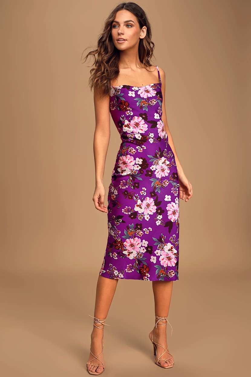 strapless open back dress Bethany Strapless Floral Midi Dress In Purple – Elliatt