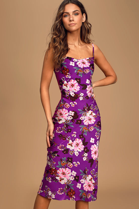 Purple Floral Print Satin Midi Dress Cowl Neck Midi Dress Lulus