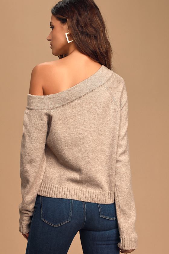 Don't Be Shy Heather Beige Asymmetrical Off-the-Shoulder Sweater 6