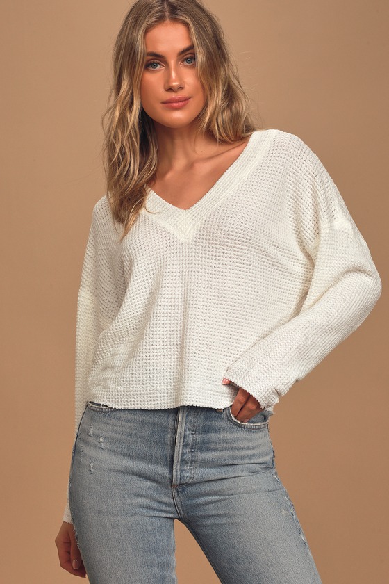 Cute Ivory Top - Waffle Knit Top - Long Sleeve Top - Sweater - Lulus