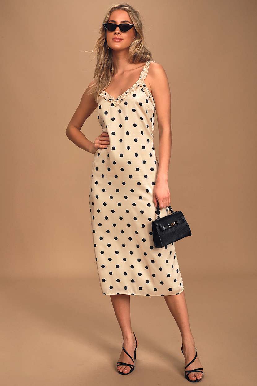 cream black polka dot dress She And Sky Smocked Mock Neck Cream And Black Polka Dot Dress small