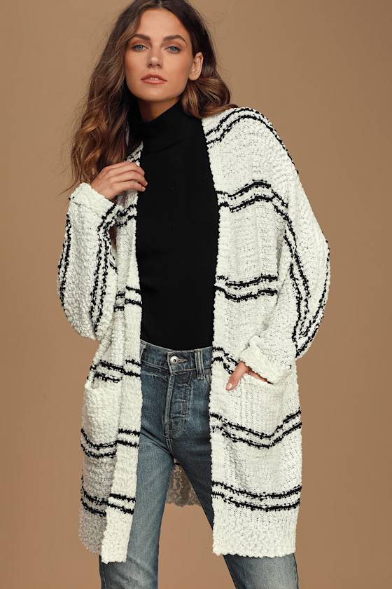 Cozy Black and White Striped Cardigan Dolman Sleeve Cardigan Lulus