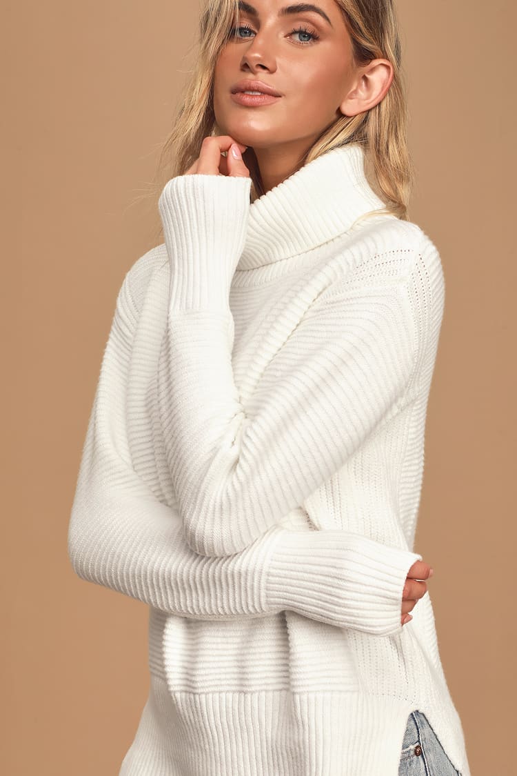 Cozy Fantasy White Ribbed Turtleneck Sweater