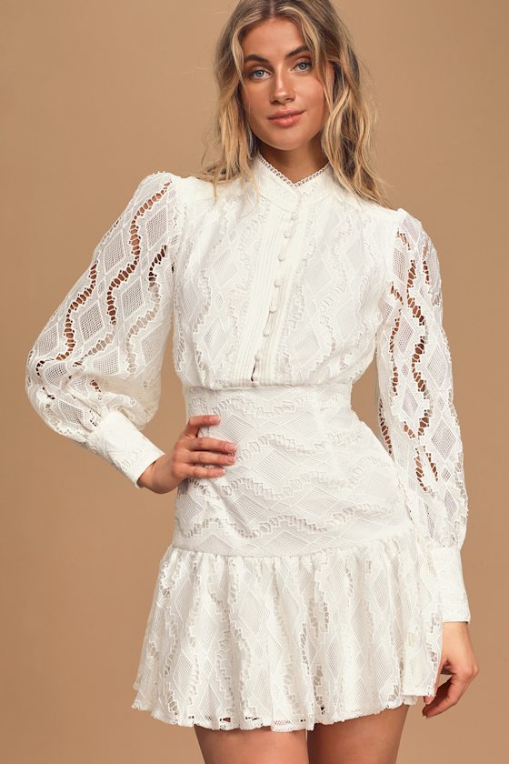 Remy White Lace Balloon Sleeve Ruffled Mini Dress 2