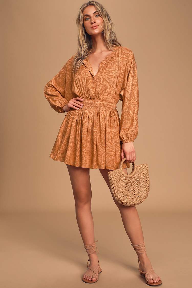 chinese dress ladies Shop Brown High Neck Skater Dress - for Women | OUTZIDR