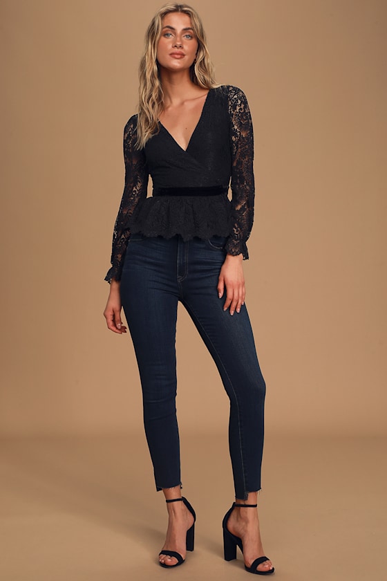 Ali & Jay Andie - Black Lace Blouse - Peplum Top - Surplice Top