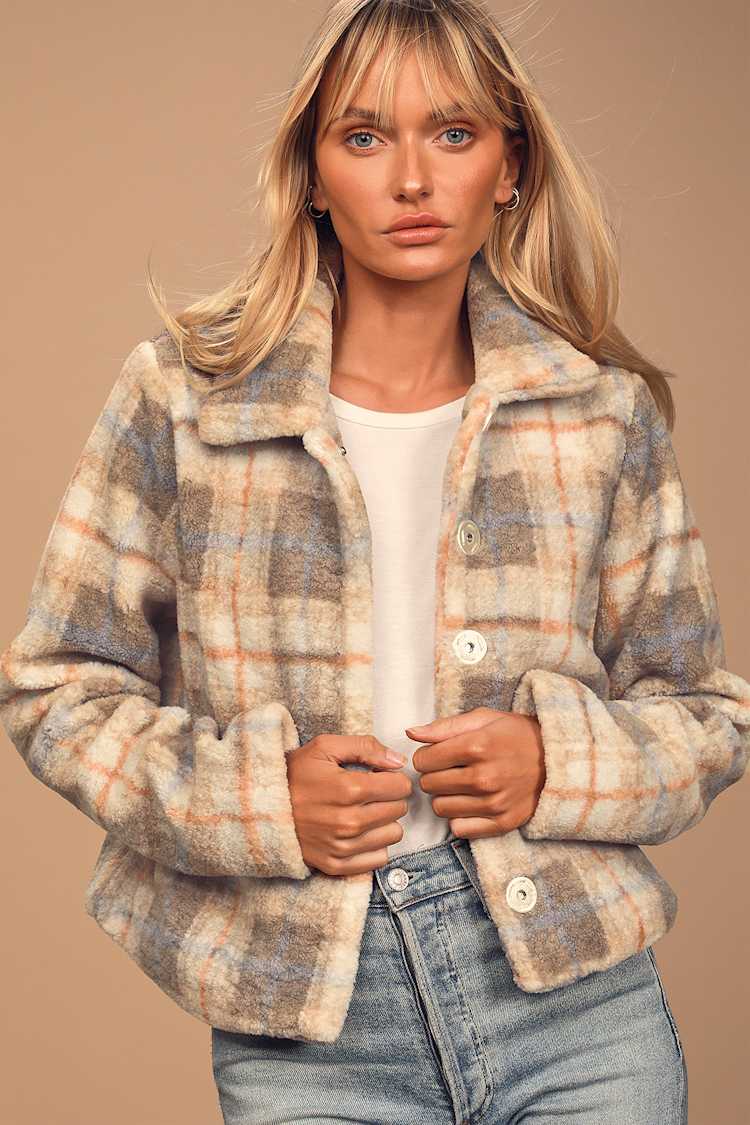 Cute Cream Jacket - Plaid Jacket - Button-Up Faux Fur Jacket - Lulus