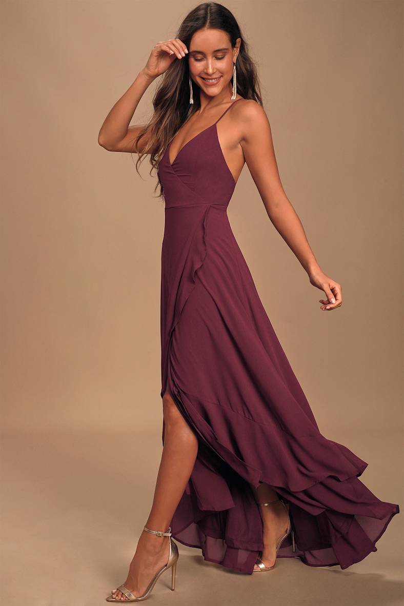 In Love Forever Plum Lace-Up High-Low Maxi Dress
