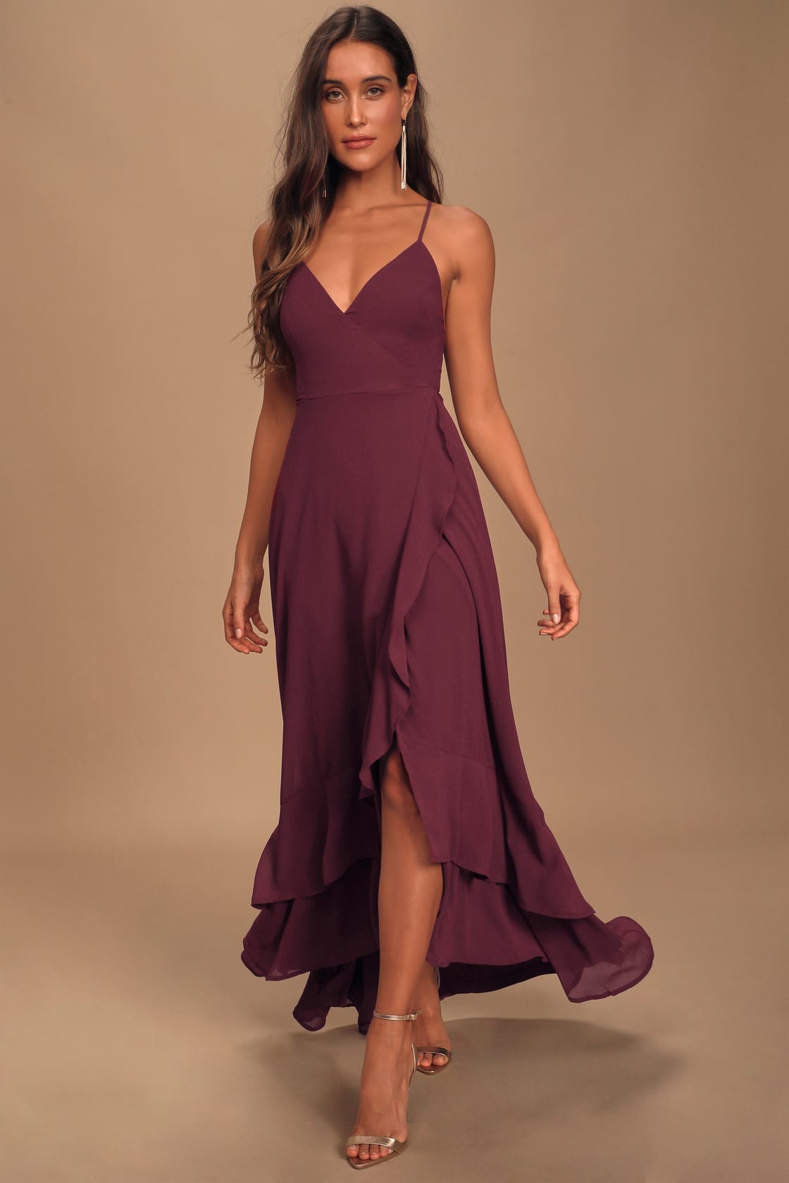 In Love Forever Plum Lace-Up High-Low Maxi Dress