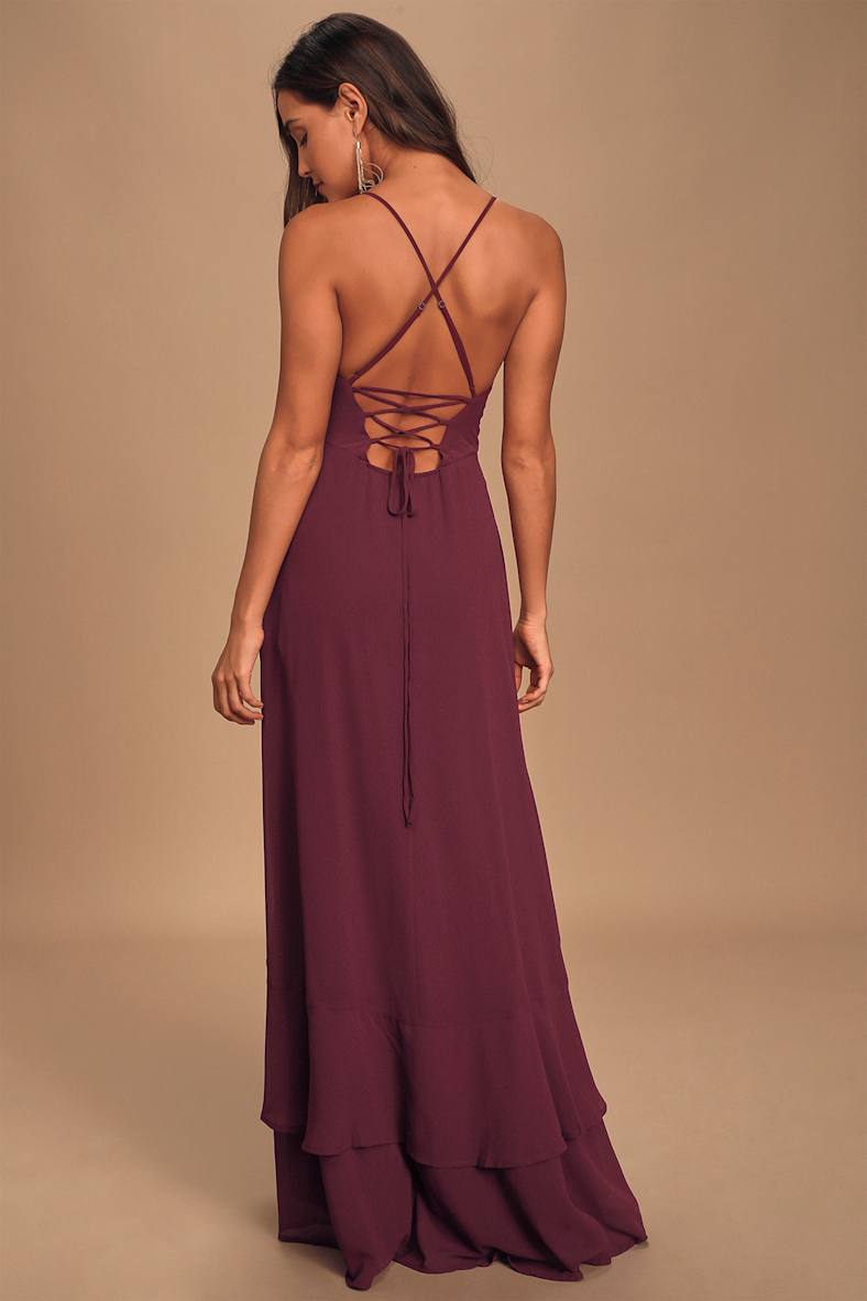In Love Forever Plum Lace-Up High-Low Maxi Dress