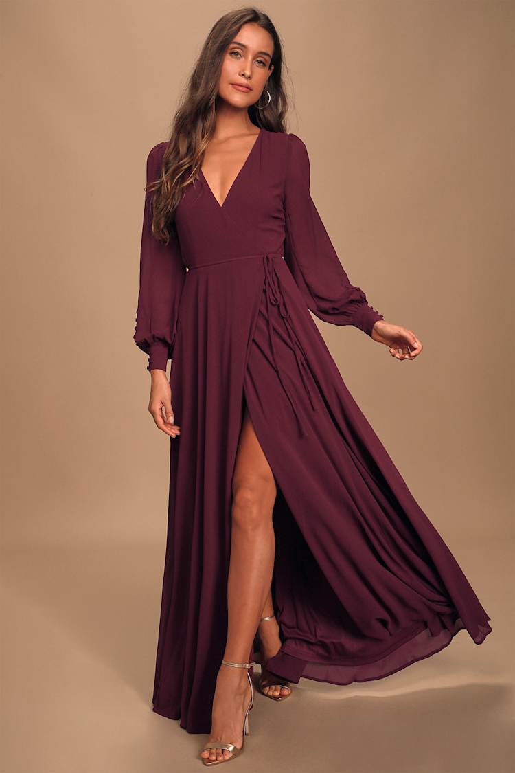 Lydig gennemsnit Tidsplan Glam Plum Dress - Wrap Maxi Dress - Long Sleeve Dress - Lulus