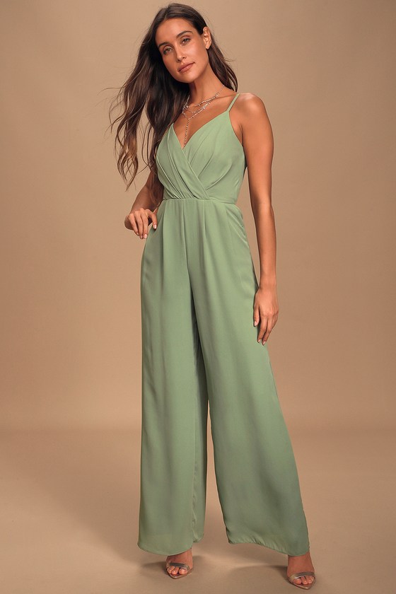 Call For Me Sage Green Faux Wrap Jumpsuit