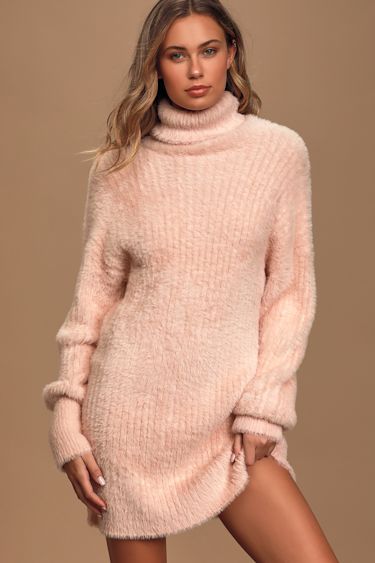 Pink Cowl Neck Sweater Dress Cute Light Pink Sweater Dress Eyelash