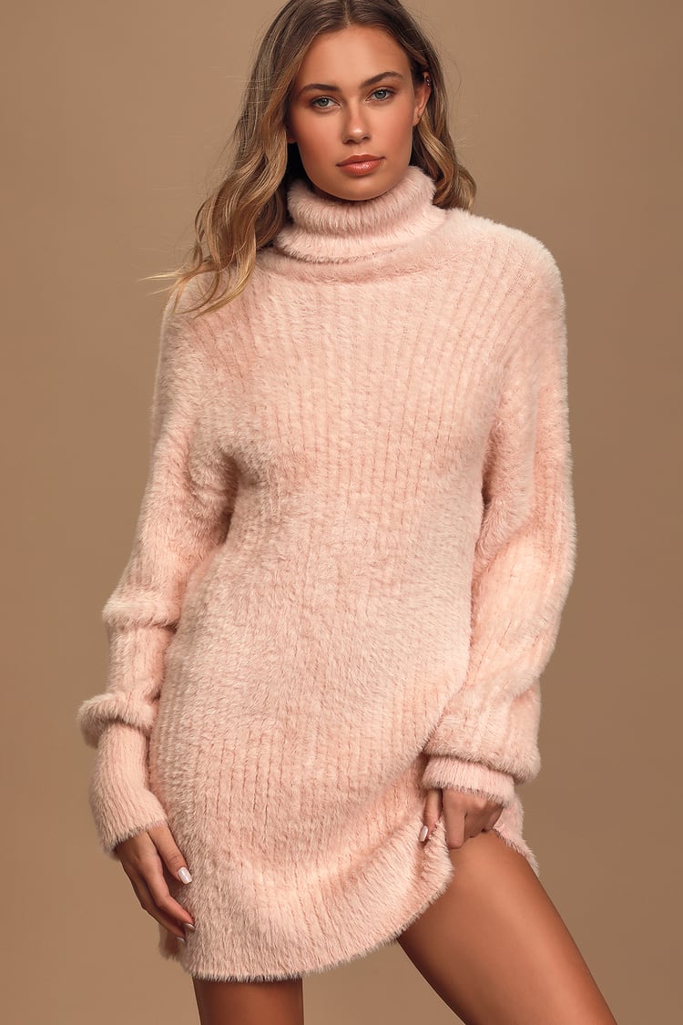 Cute Light Pink Sweater Dress - Eyelash Knit Dress - Turtleneck - Lulus