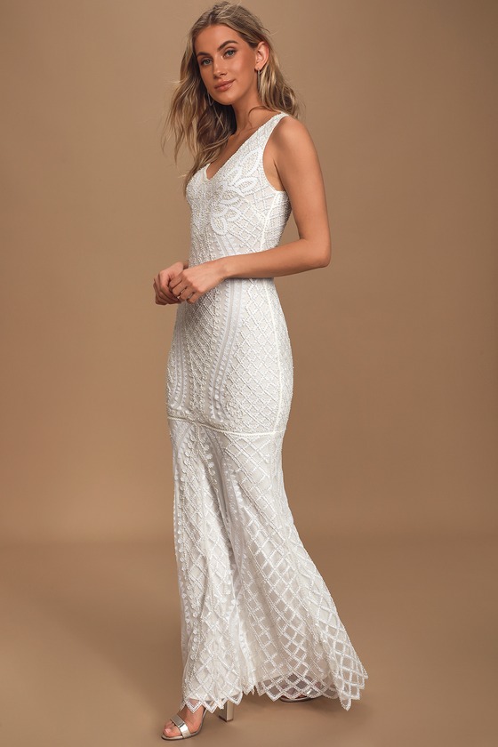 white beaded mermaid dress