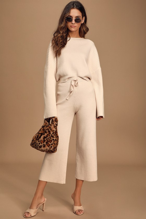 Snuggly Style Cream Ribbed Knit Wide-Leg Pants