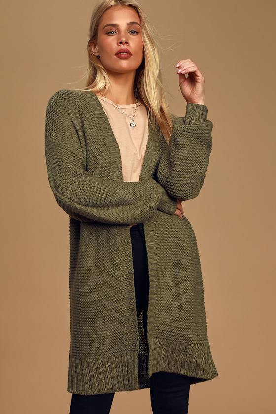 Warm Company Olive Green Balloon Sleeve Cardigan Sweater 1