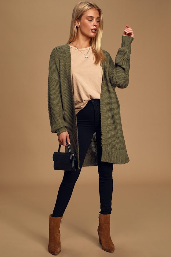 Warm Company Olive Green Balloon Sleeve Cardigan Sweater 5