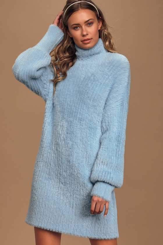Winter Wonder Light Blue Eyelash Knit Turtleneck Sweater Dress