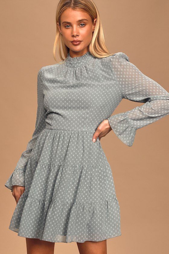 Fairytale Roam-ance Light Blue Swiss Dot Long Sleeve Mini Dress