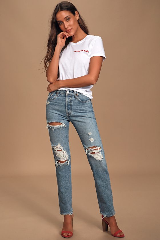 501 Original Fit Distressed Light Wash High-Rise Jeans 2