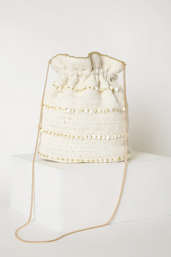 Basic Beach Cream Beaded Bucket Bag 2