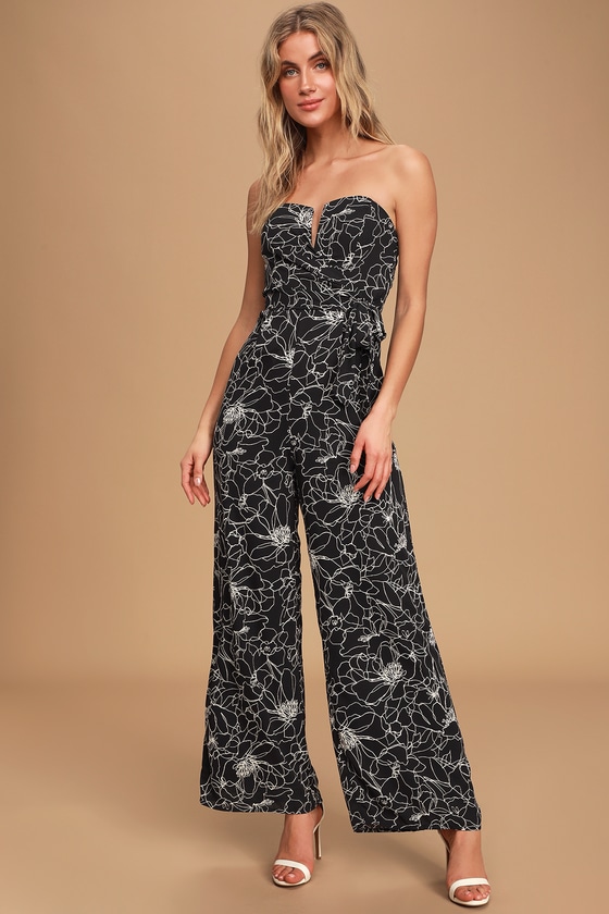 Black White Jumpsuit - Strapless Jumpsuit - Tie-Front Jumpsuit - Lulus