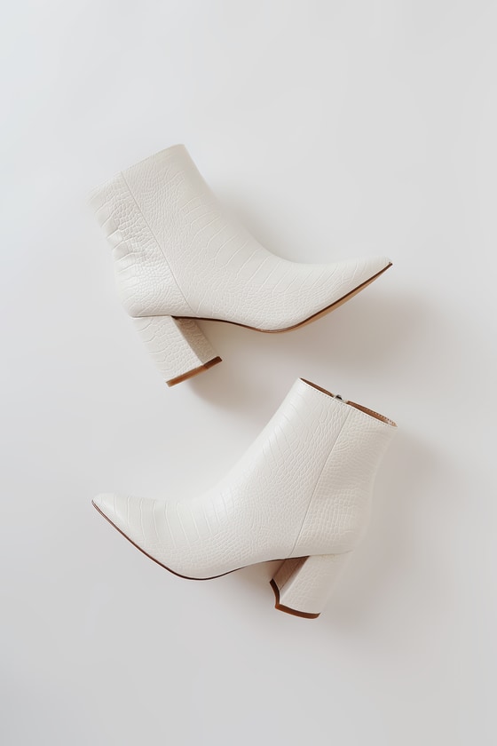 Nadalie Light Bone Crocodile Embossed Pointed Toe Ankle Boots