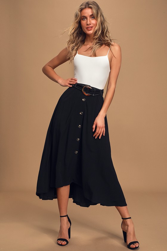 Twirl and Flow Black Belted High-Low Midi Skirt