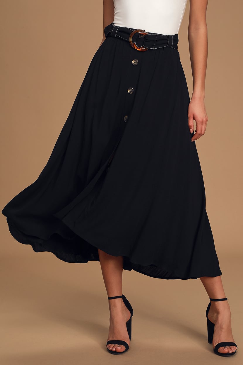 Twirl and Flow Black Belted High-Low Midi Skirt
