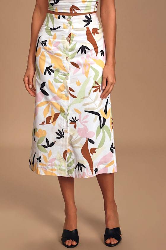 Palma White Multi Print Button Front Midi Skirt 2