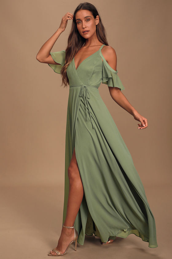 Easy Listening Sage Green Cold-Shoulder Wrap Maxi Dress